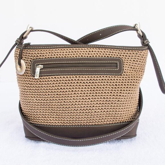 Small Purse Vintage THE SAK 100% Nylon Tan Crochet Brown Shoulder Bag Handbag - Picture 1 of 11